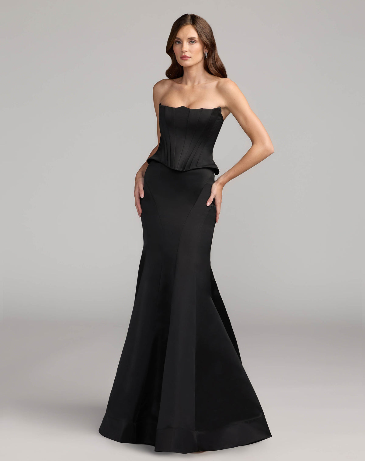Black Strapless Satin Corset Peplum Gown  - Contemporary Collection