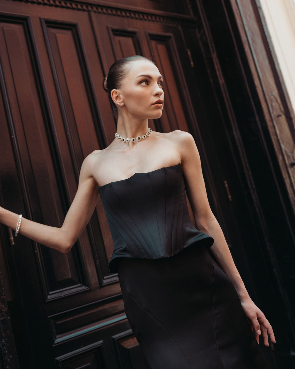 Black Strapless Satin Corset Peplum Gown  - Contemporary Collection