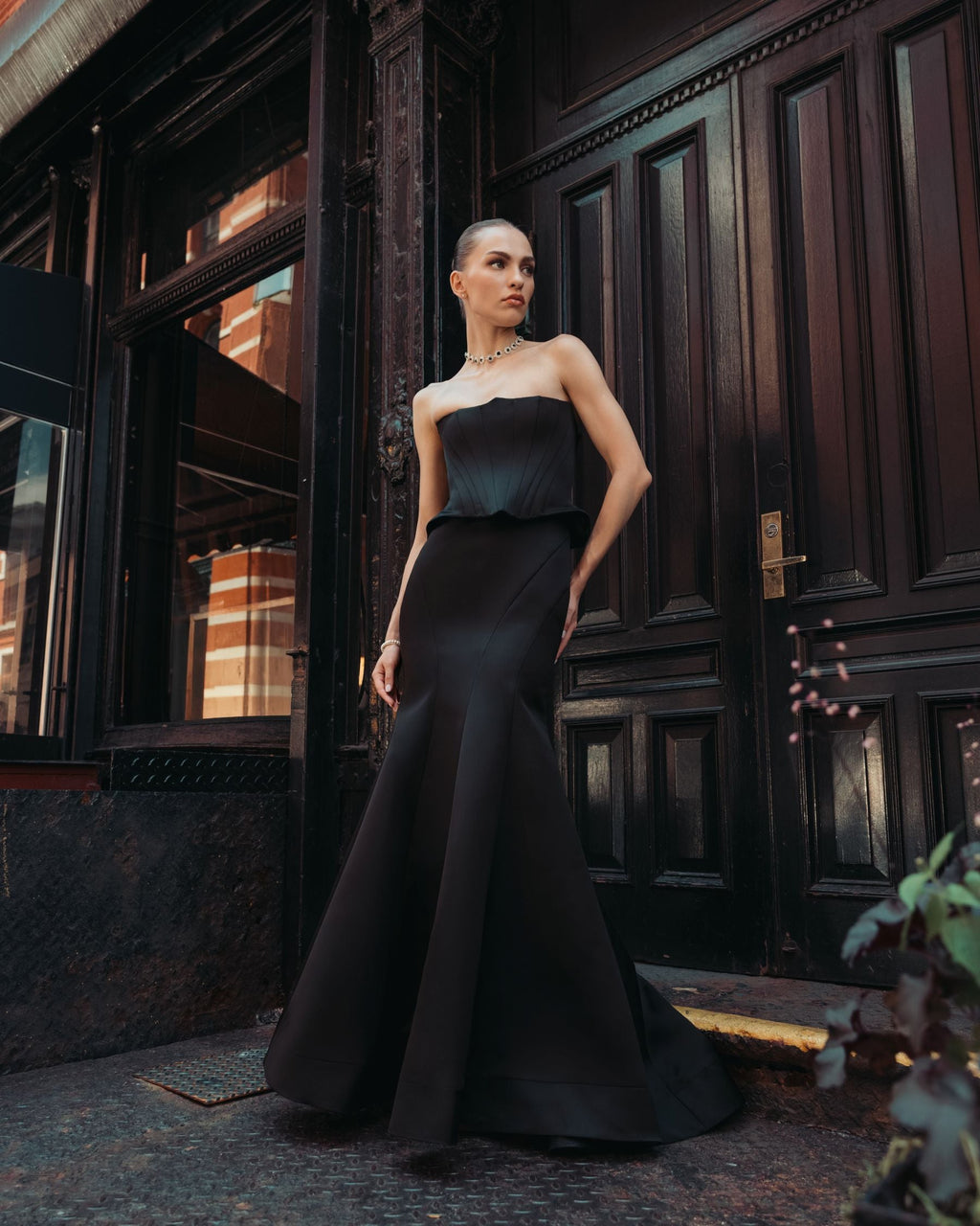 Black Strapless Satin Corset Peplum Gown  - Contemporary Collection