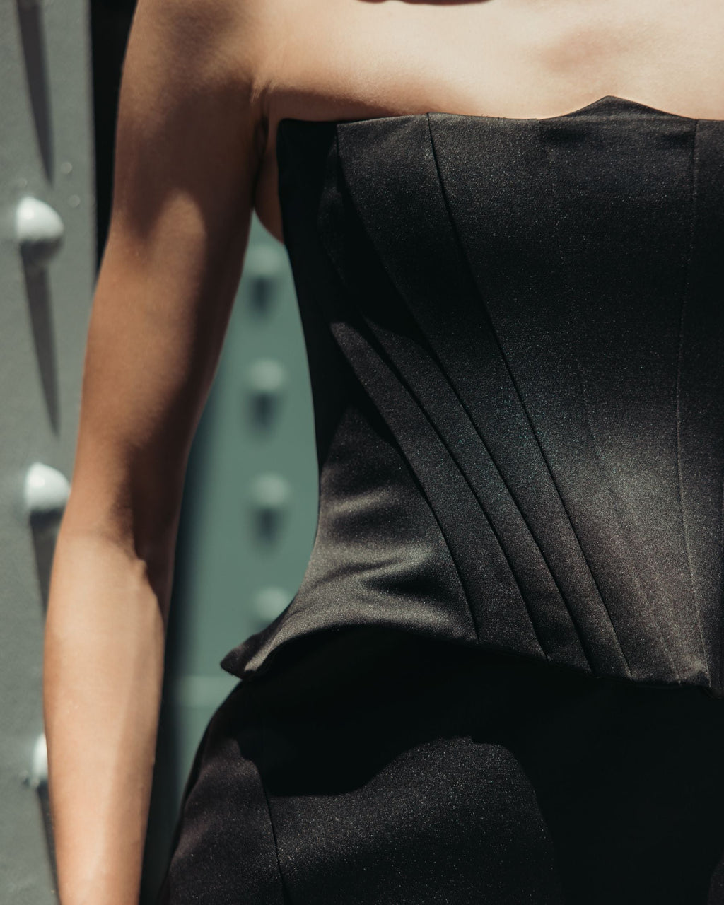Black Strapless Satin Corset Peplum Gown  - Contemporary Collection