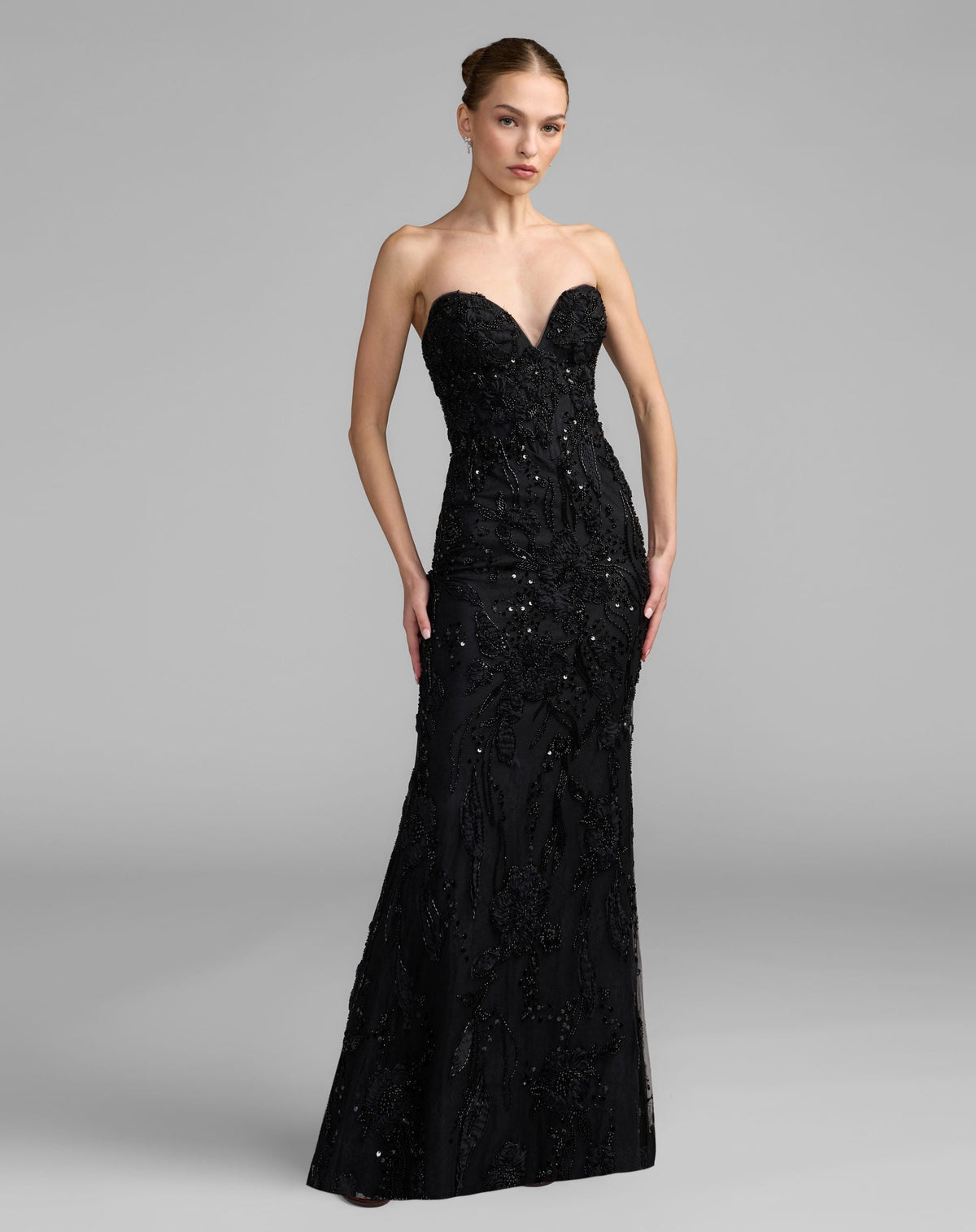 Black Embellished Lace Strapless Sweetheart Gown - Designer Collection