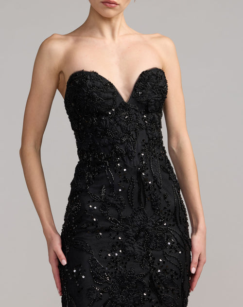 Black Embellished Lace Strapless Sweetheart Gown - Designer Collection