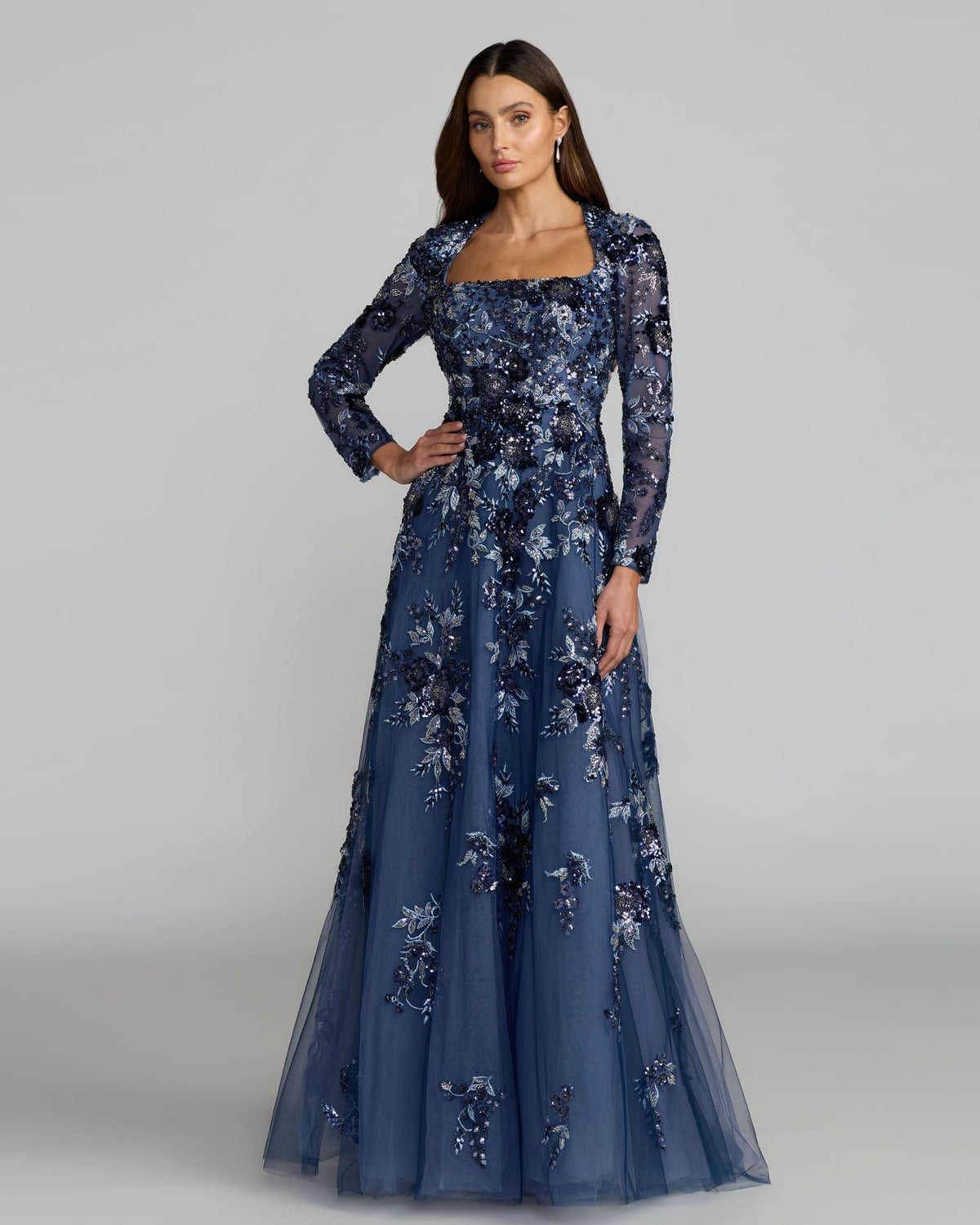 Blue Embellished Floral A Line Gown Designer Collection