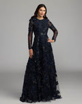 Navy Floral Embellished Long Sleeve Gown Designer Collection