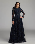 Navy Floral Embellished Long Sleeve Gown Designer Collection