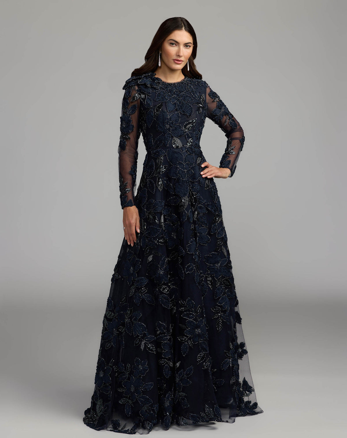 Navy Floral Embellished Long Sleeve Gown Designer Collection