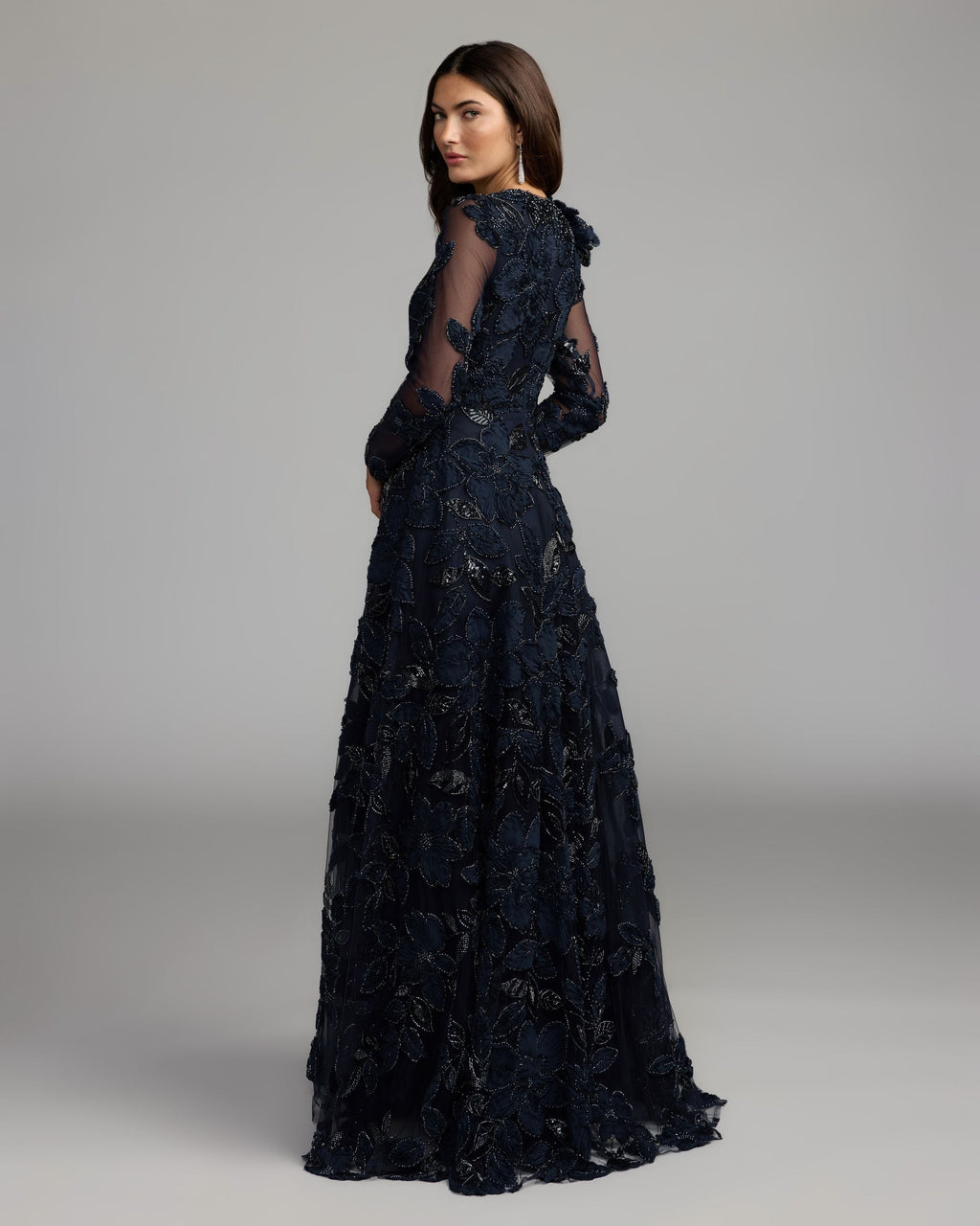 Navy Floral Embellished Long Sleeve Gown Designer Collection