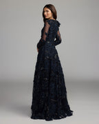 Navy Floral Embellished Long Sleeve Gown Designer Collection