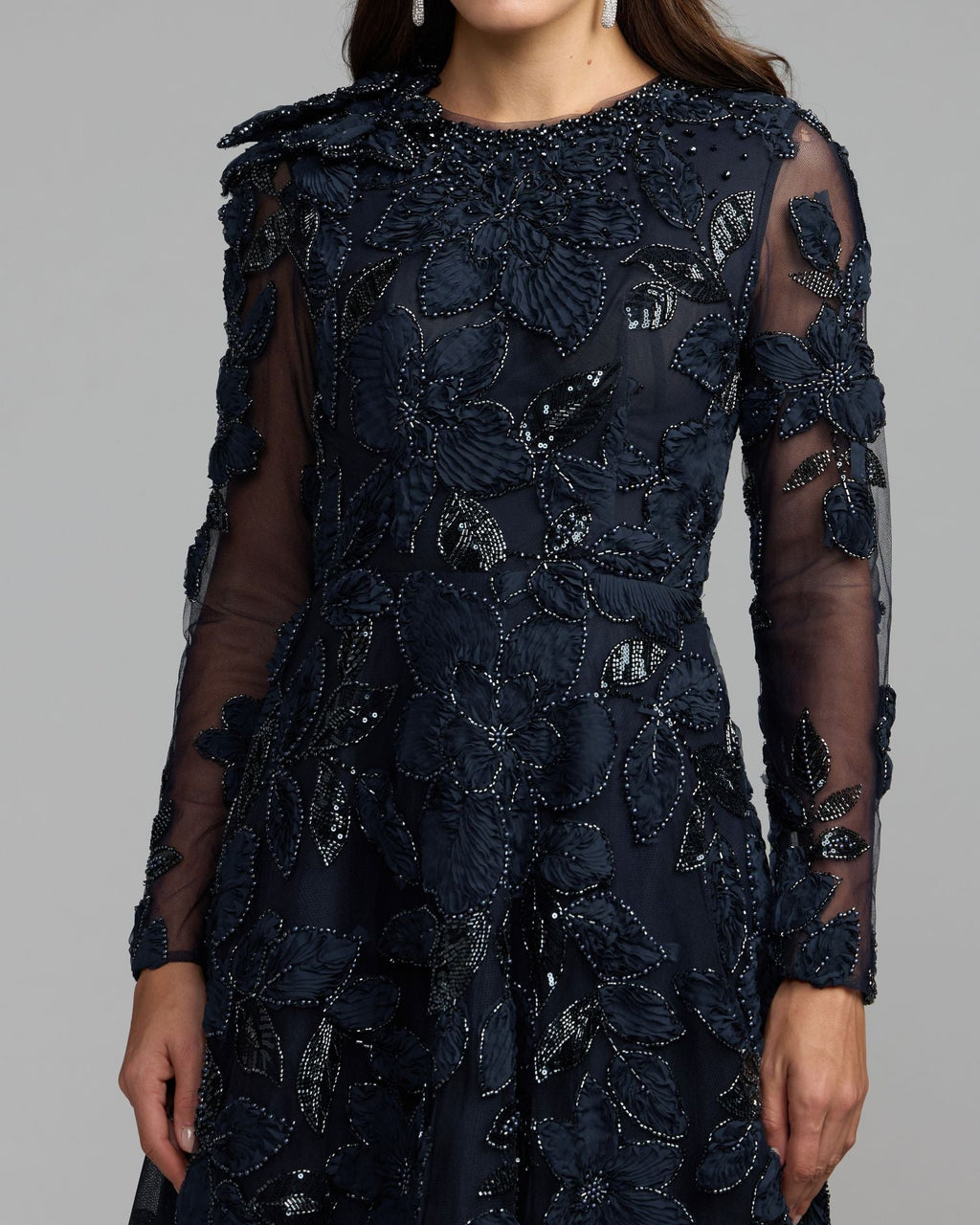 Navy Floral Embellished Long Sleeve Gown Designer Collection