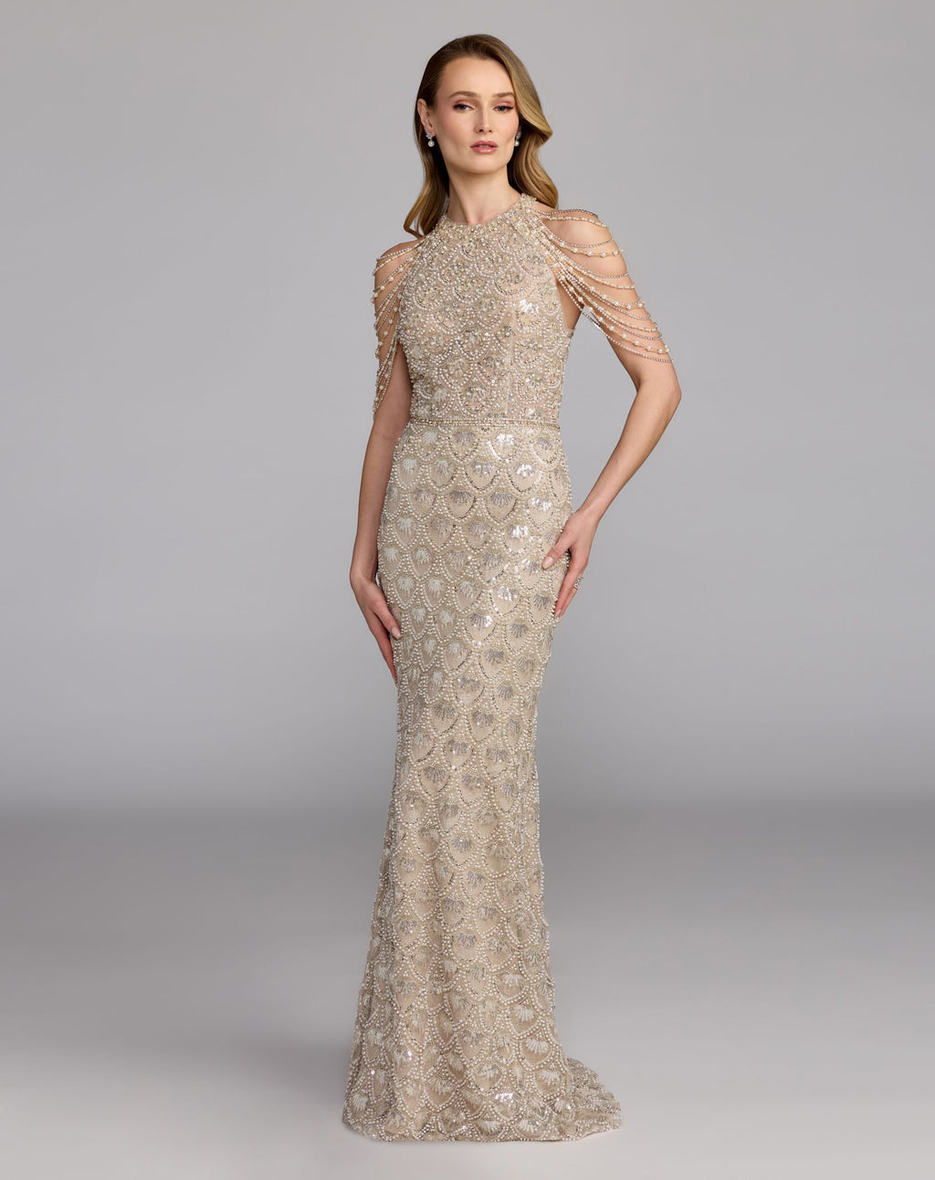 Ivory Draped Pearl Embellished Column Gown - Designer Collection