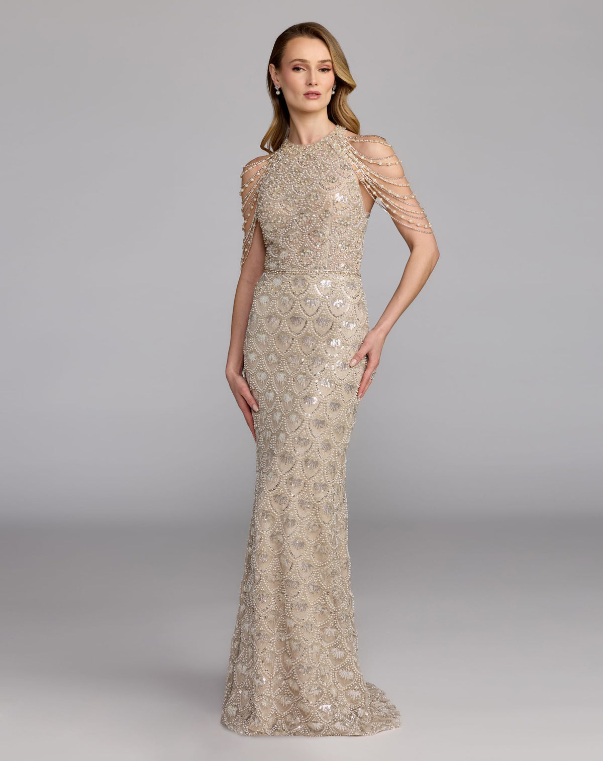 Ivory Draped Pearl Embellished Column Gown - Designer Collection