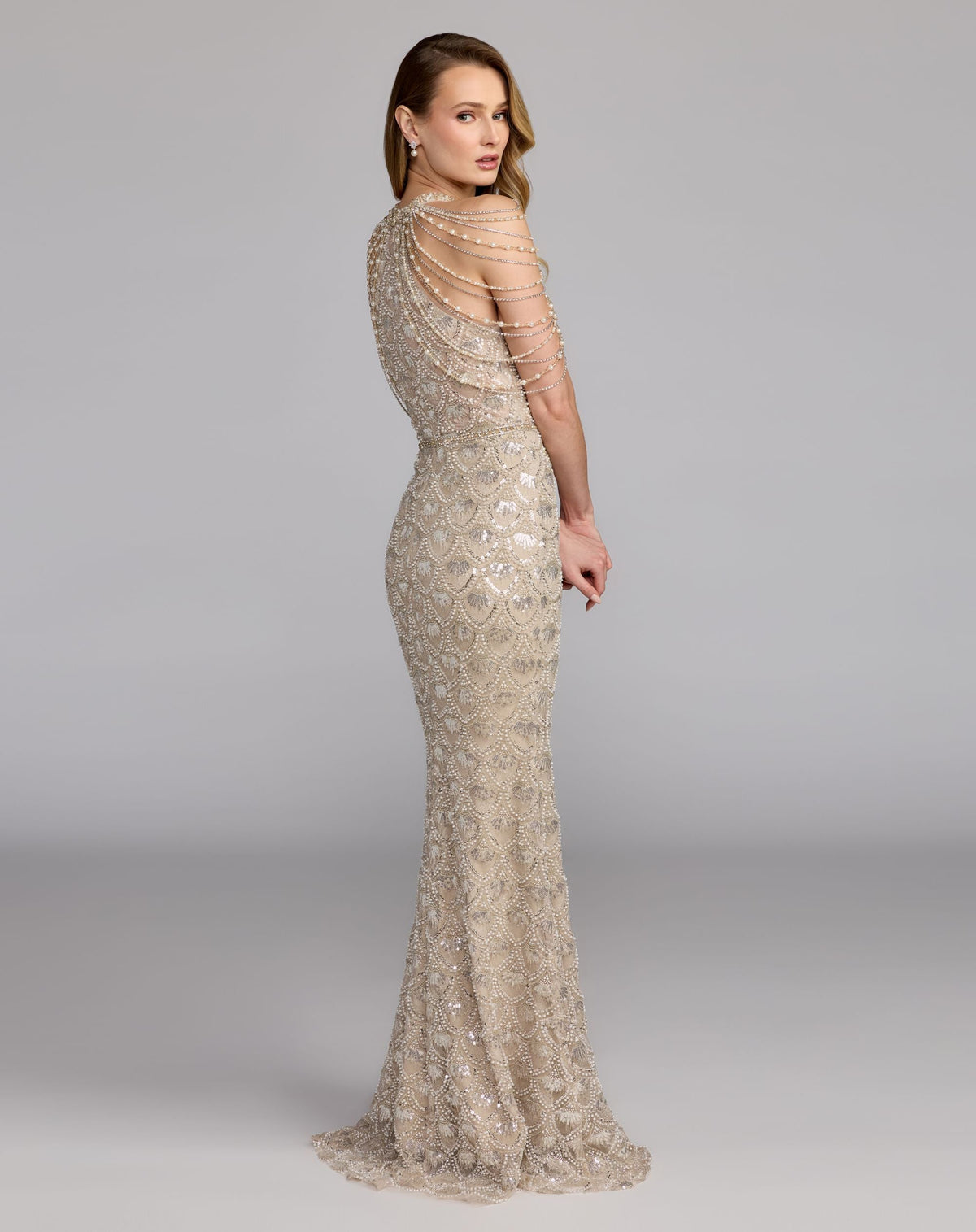 Ivory Draped Pearl Embellished Column Gown - Designer Collection