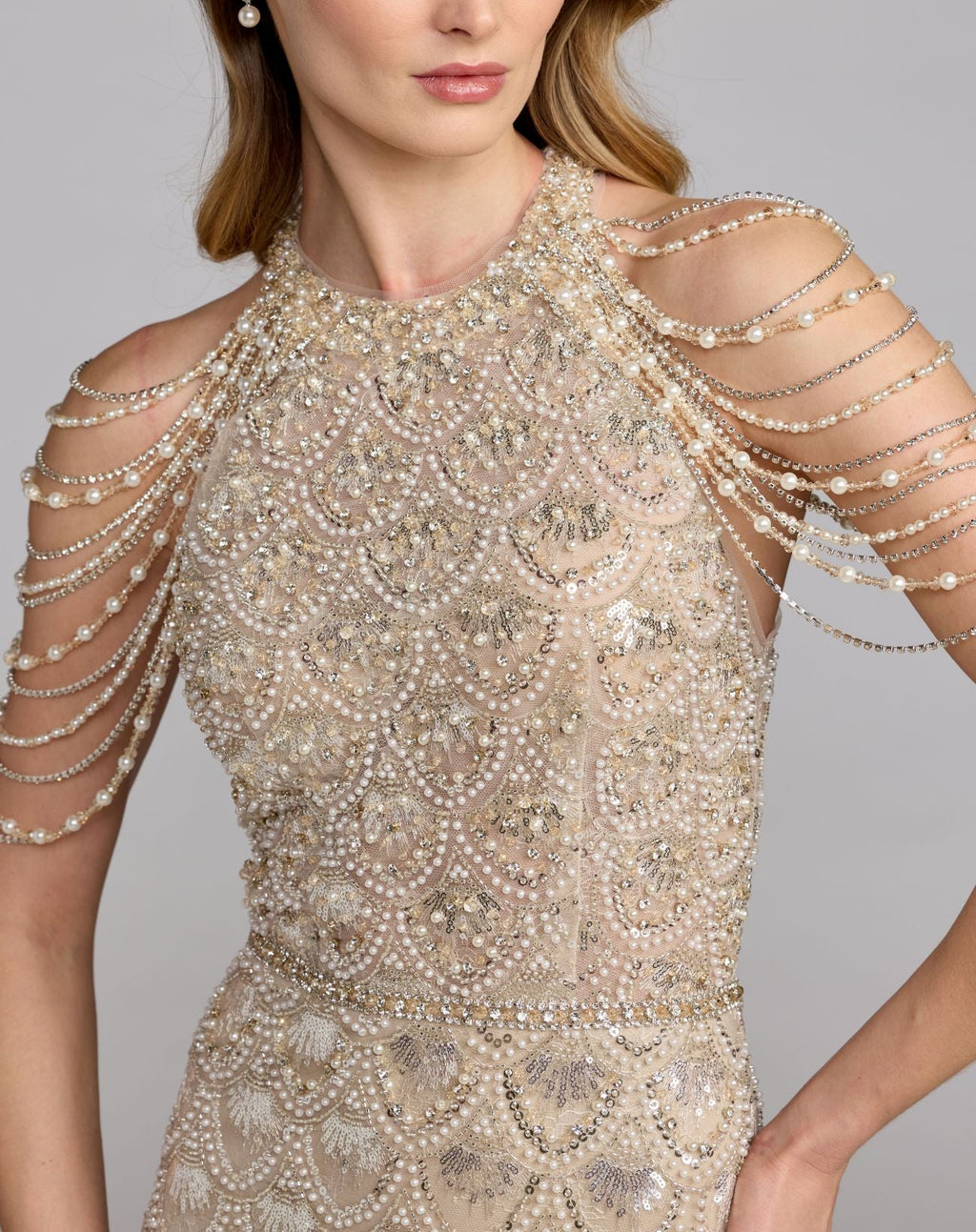Ivory Draped Pearl Embellished Column Gown - Designer Collection