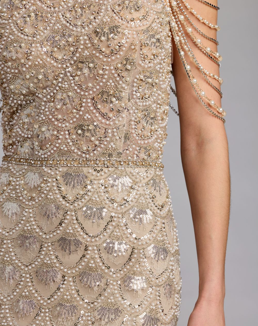 Ivory Draped Pearl Embellished Column Gown - Designer Collection