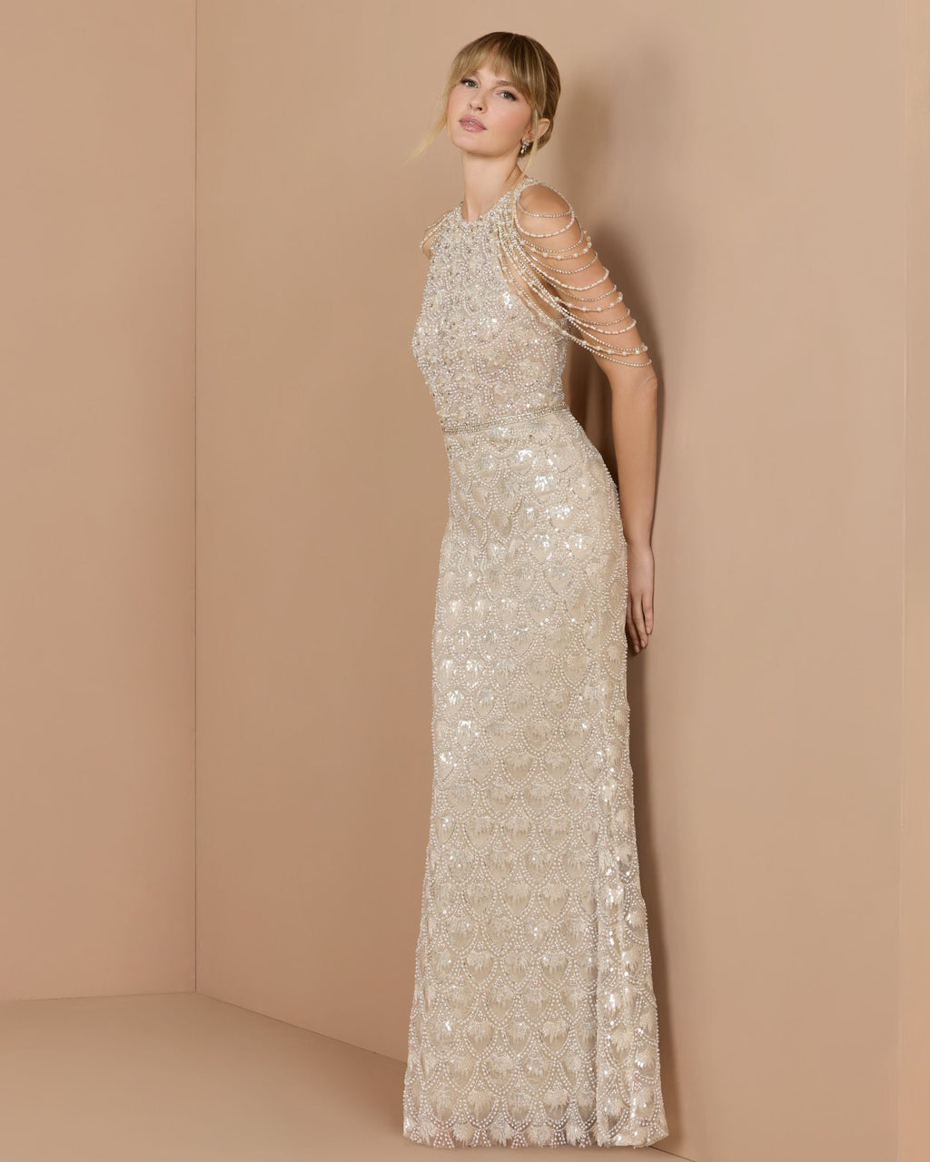 Ivory Draped Pearl Embellished Column Gown - Designer Collection
