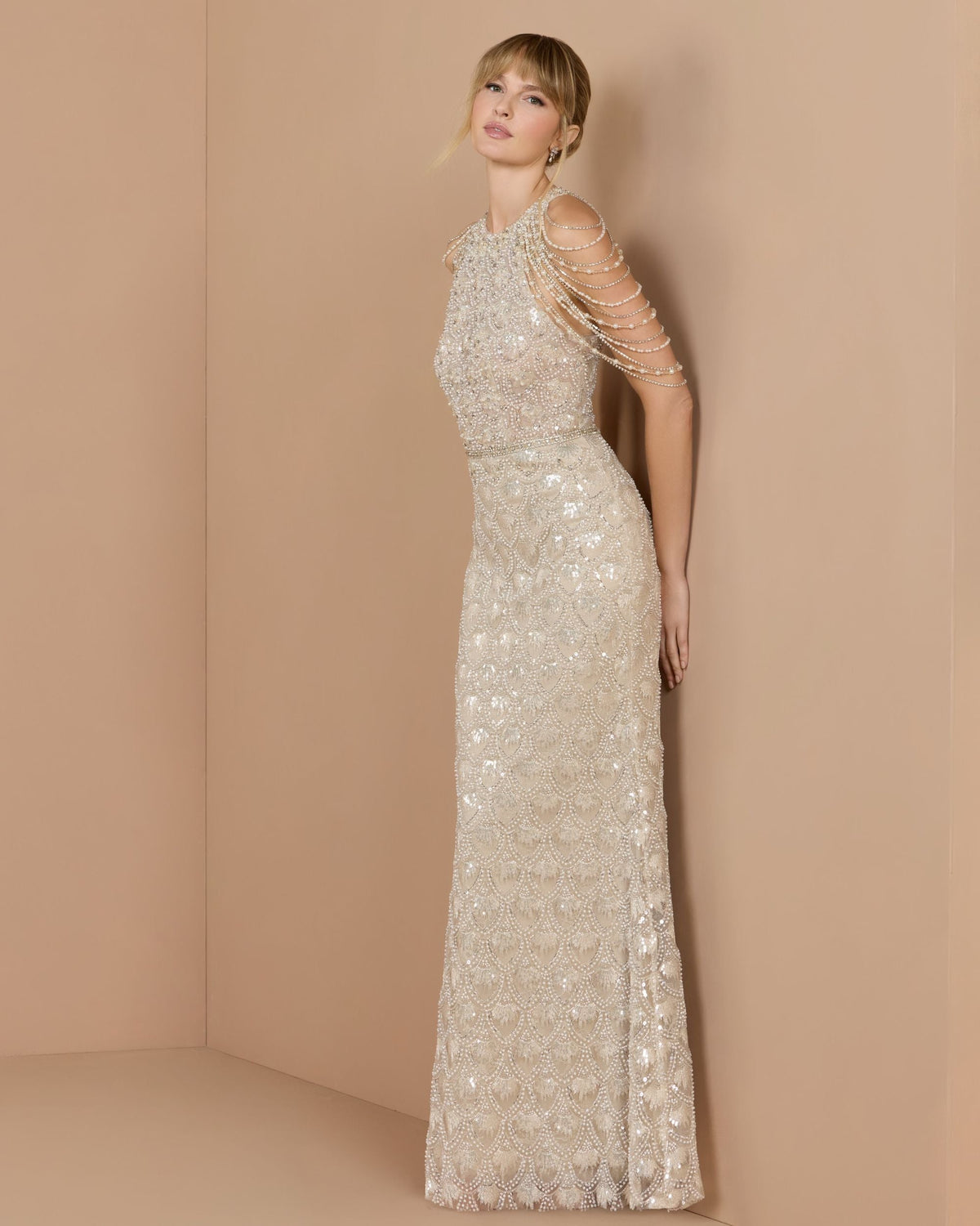 Ivory Draped Pearl Embellished Column Gown - Designer Collection
