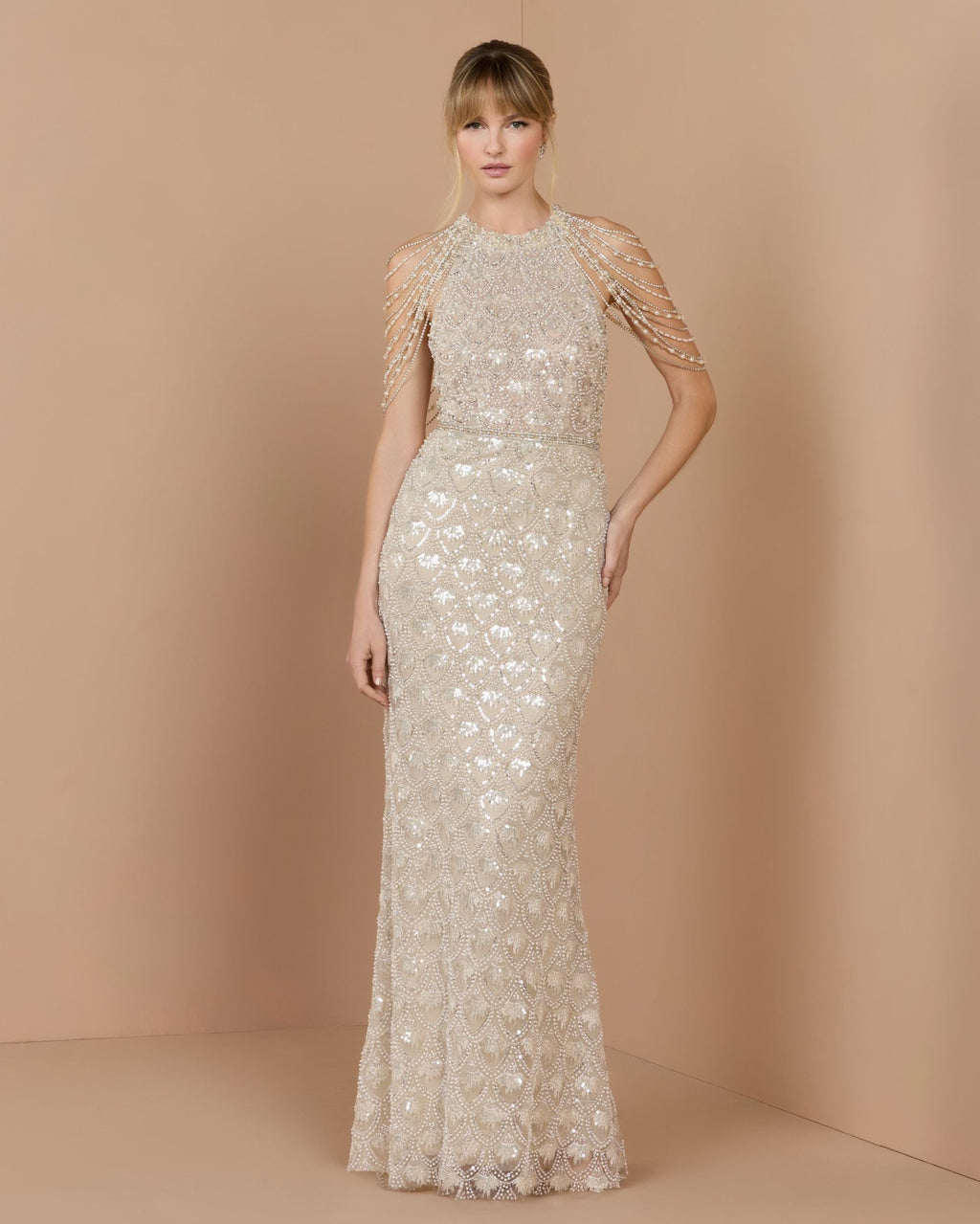 Ivory Draped Pearl Embellished Column Gown - Designer Collection