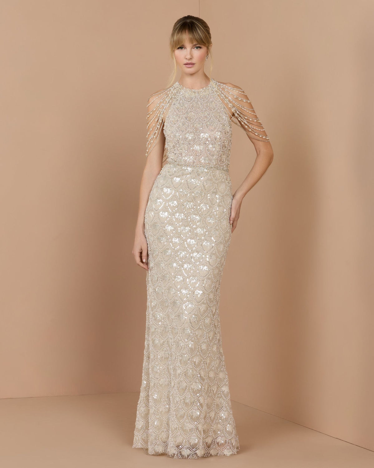 Ivory Draped Pearl Embellished Column Gown - Designer Collection