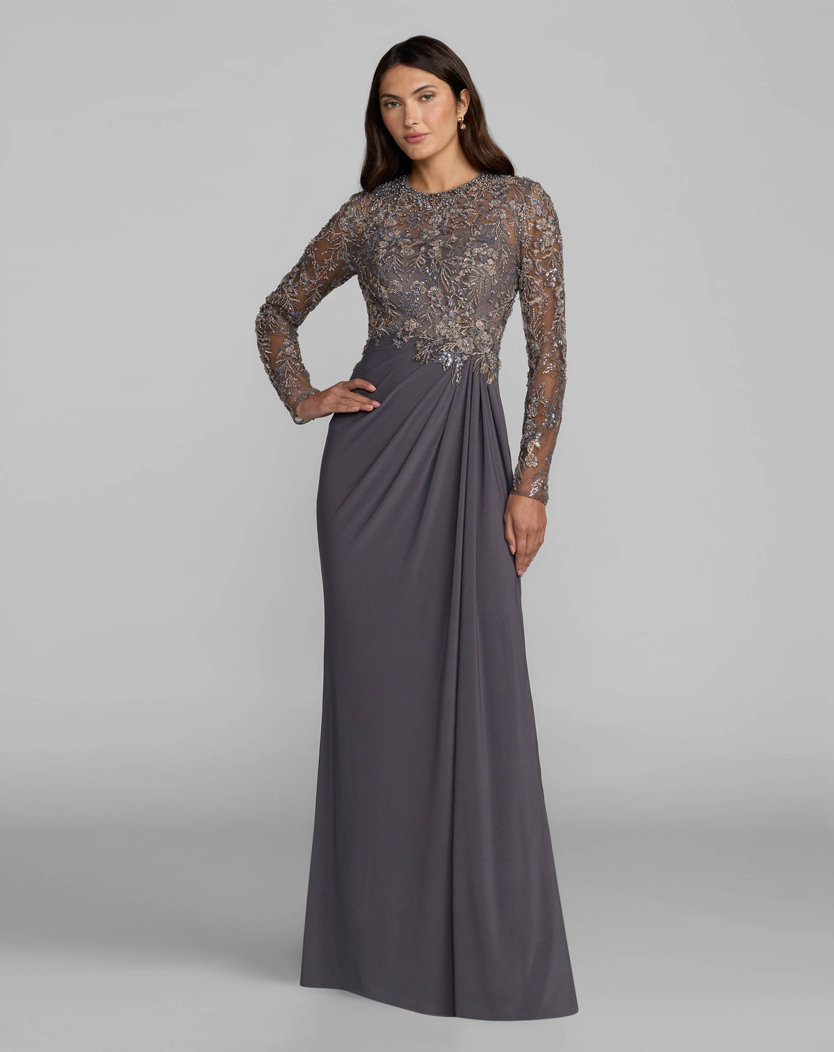 Gray Embroidered Long Sleeve Jersey Gown - Designer Collection
