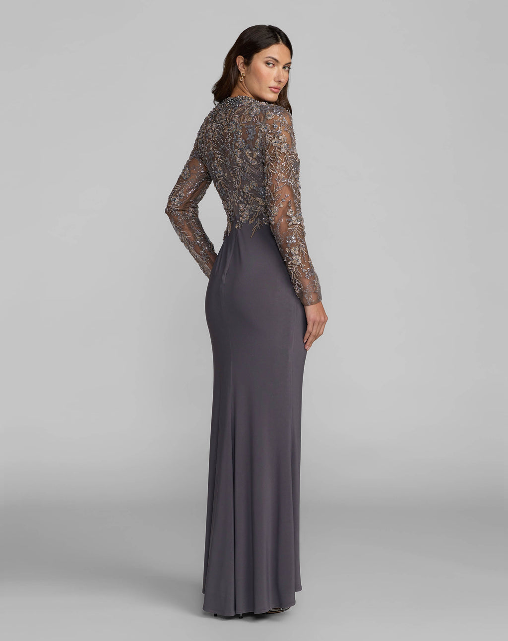 Gray Embroidered Long Sleeve Jersey Gown - Designer Collection