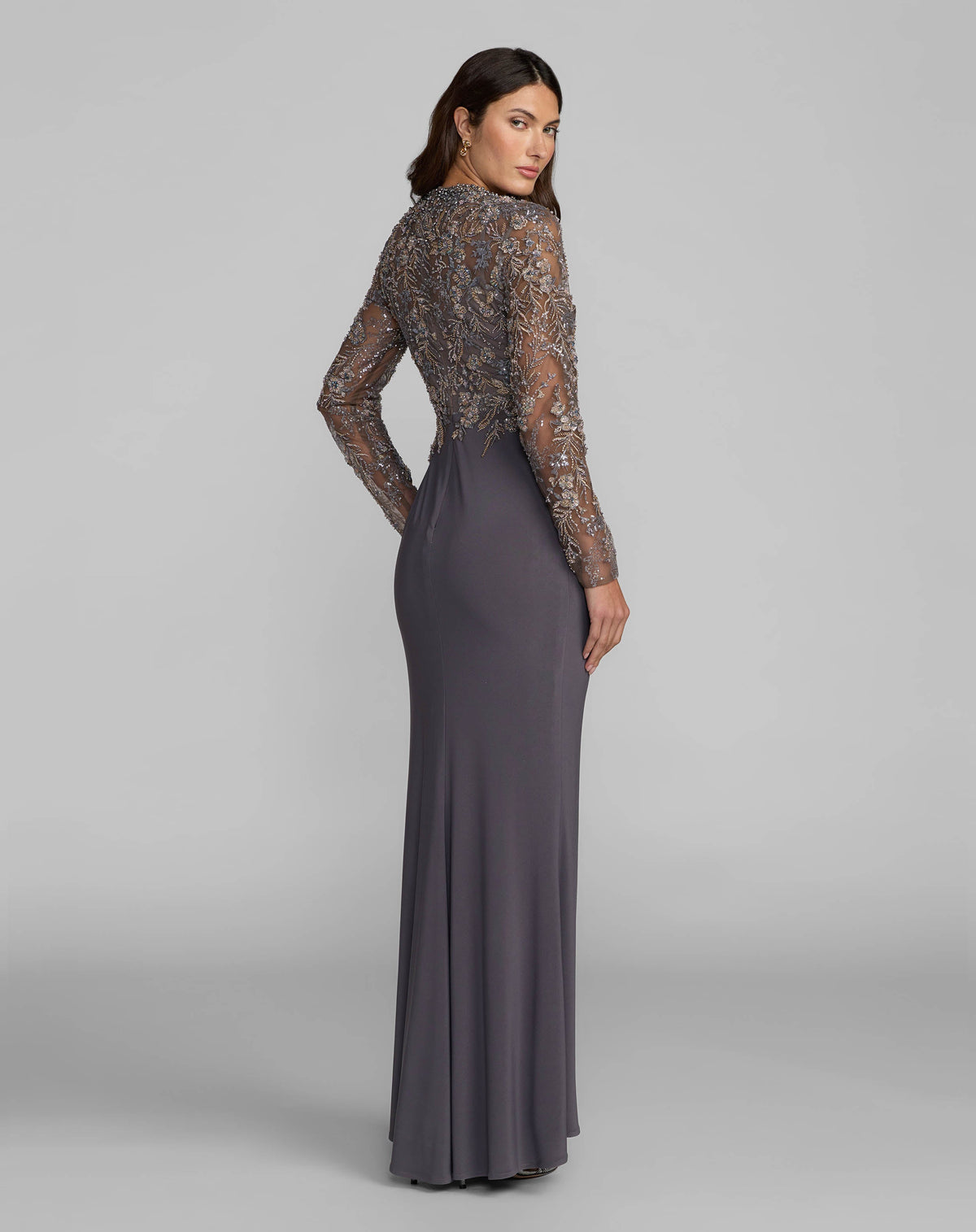 Gray Embroidered Long Sleeve Jersey Gown - Designer Collection