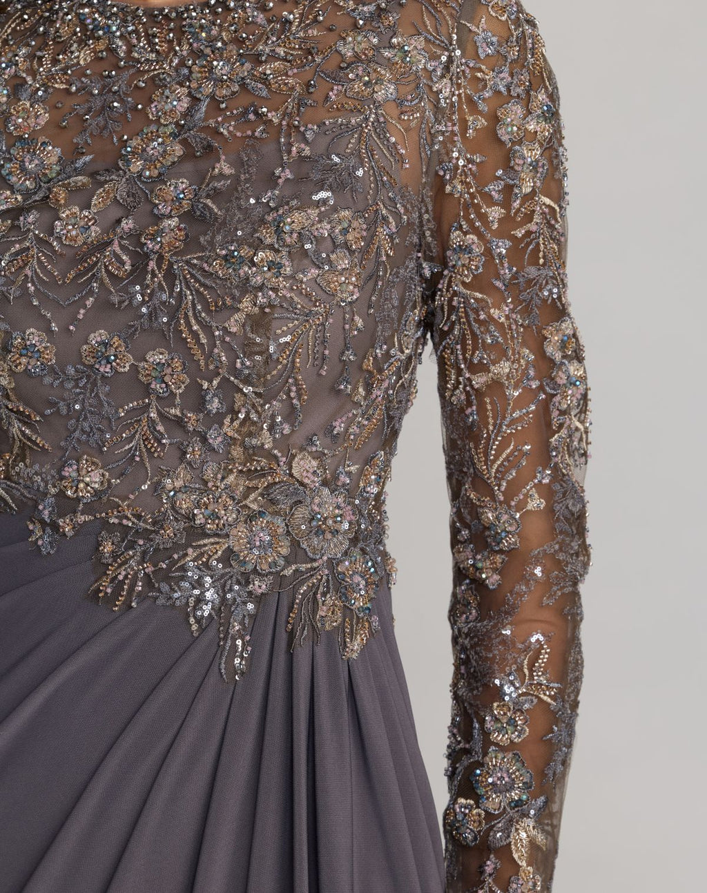 Gray Embroidered Long Sleeve Jersey Gown - Designer Collection