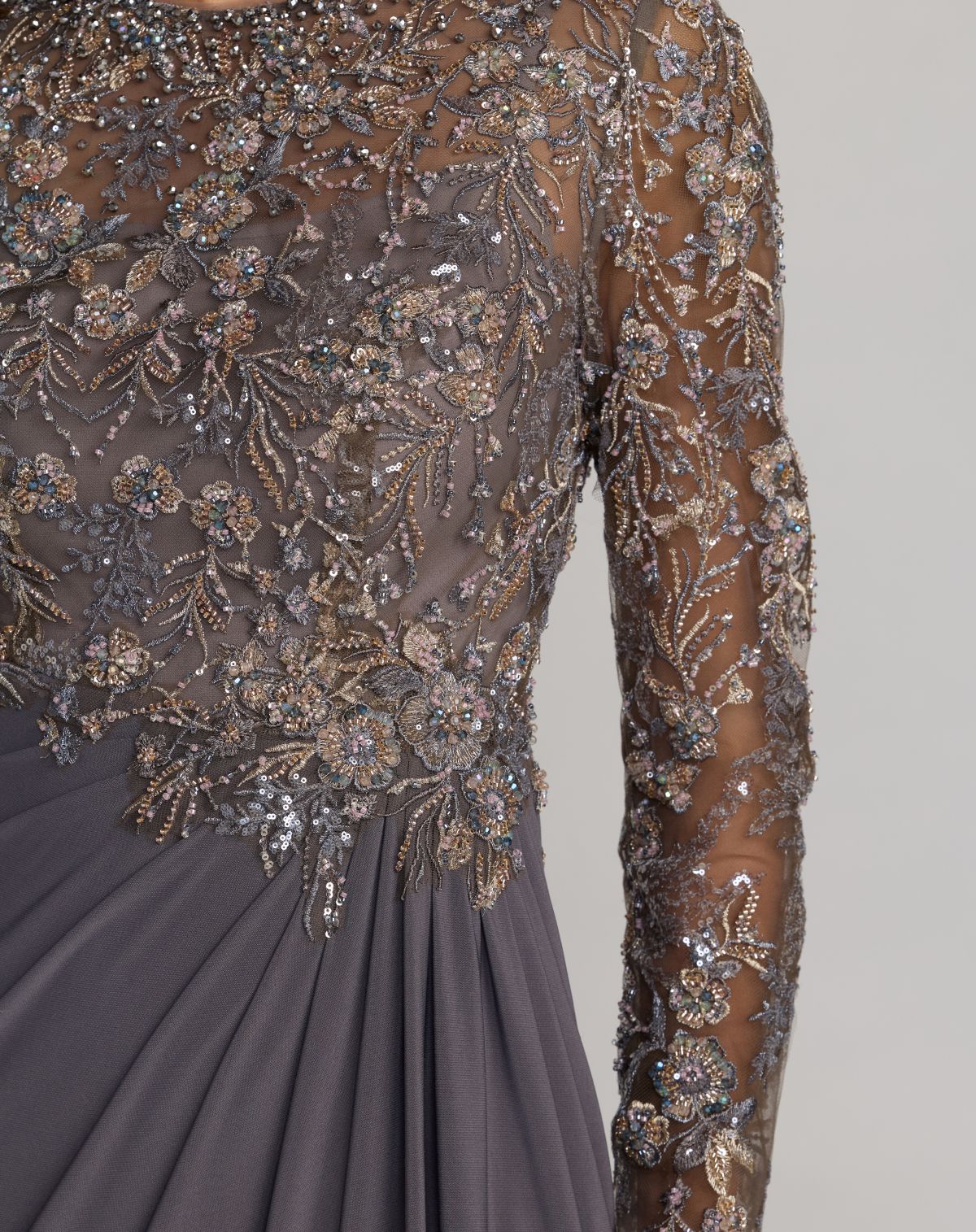 Gray Embroidered Long Sleeve Jersey Gown - Designer Collection