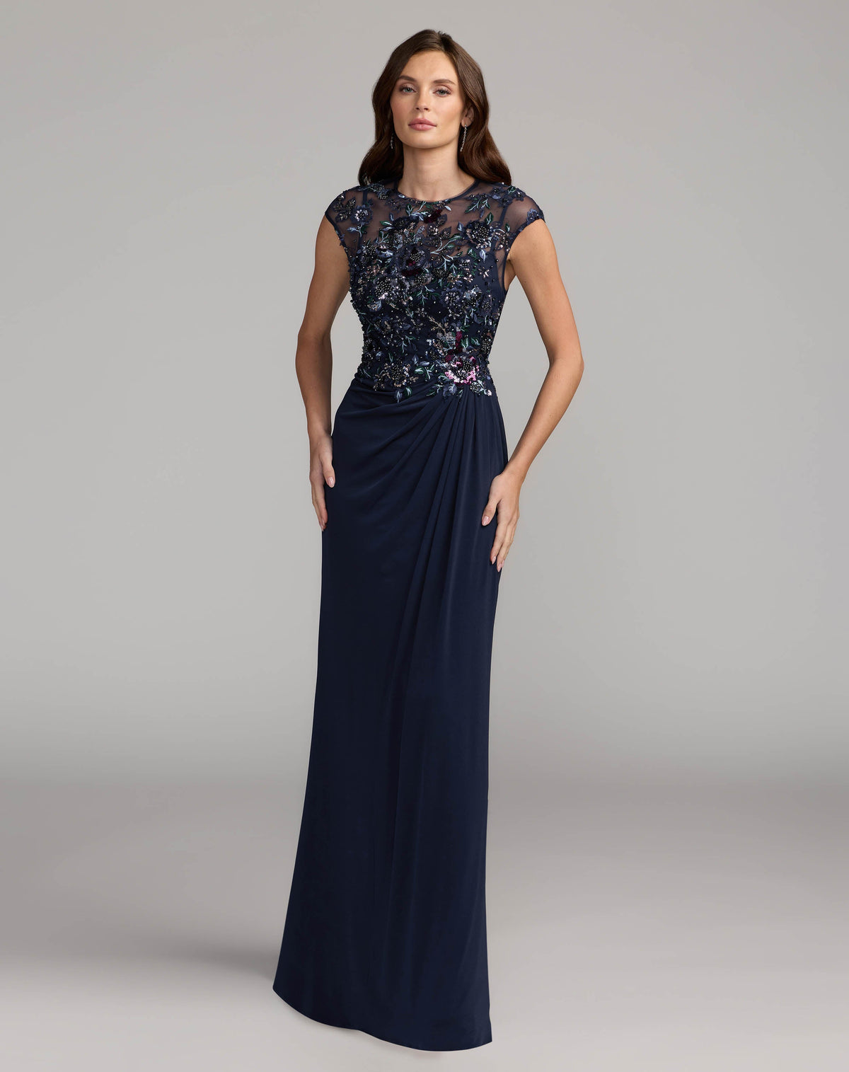Navy Embroidered Cap Sleeve Jersey Gown - Designer Collection