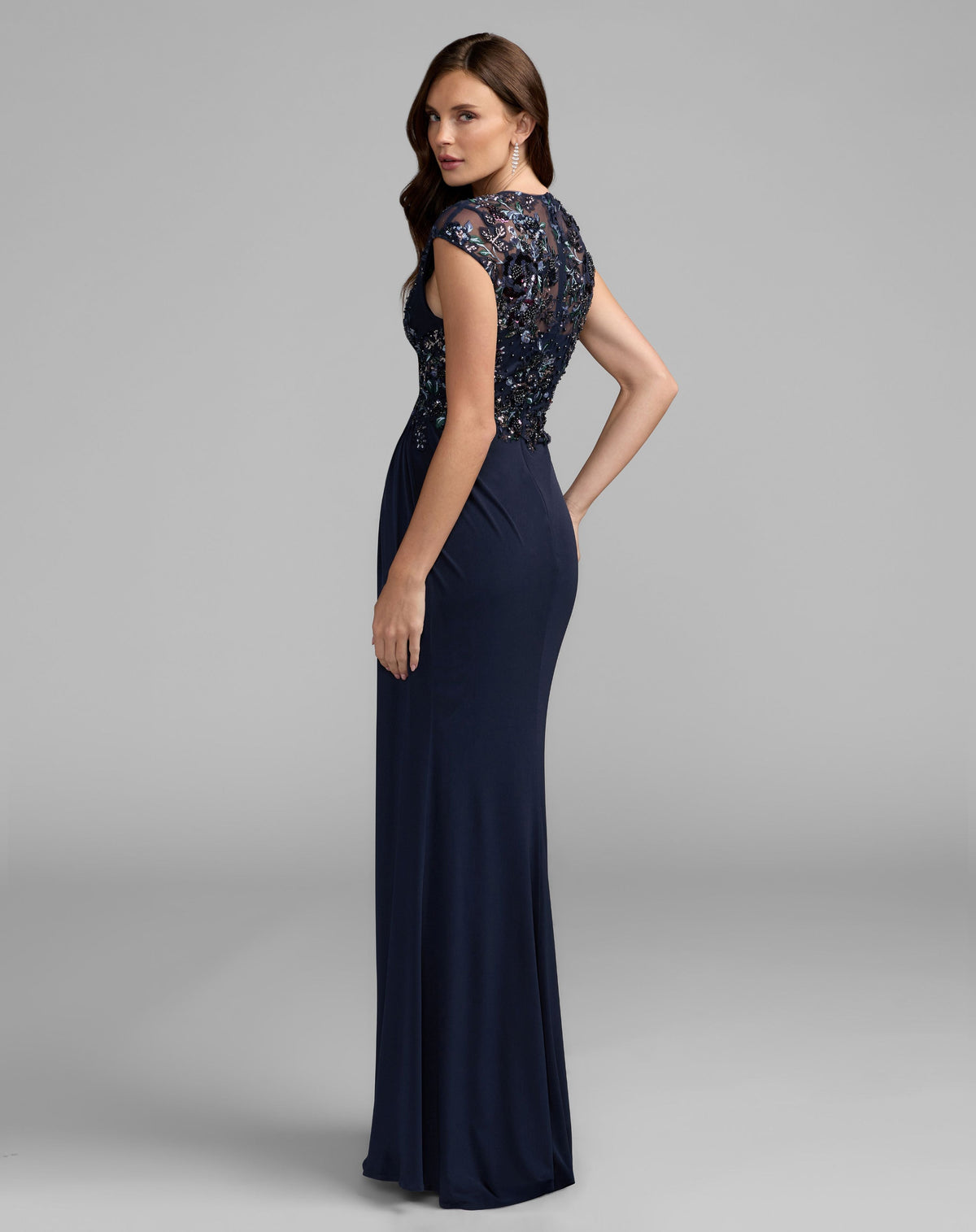 Navy Embroidered Cap Sleeve Jersey Gown - Designer Collection