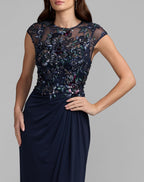 Navy Embroidered Cap Sleeve Jersey Gown - Designer Collection