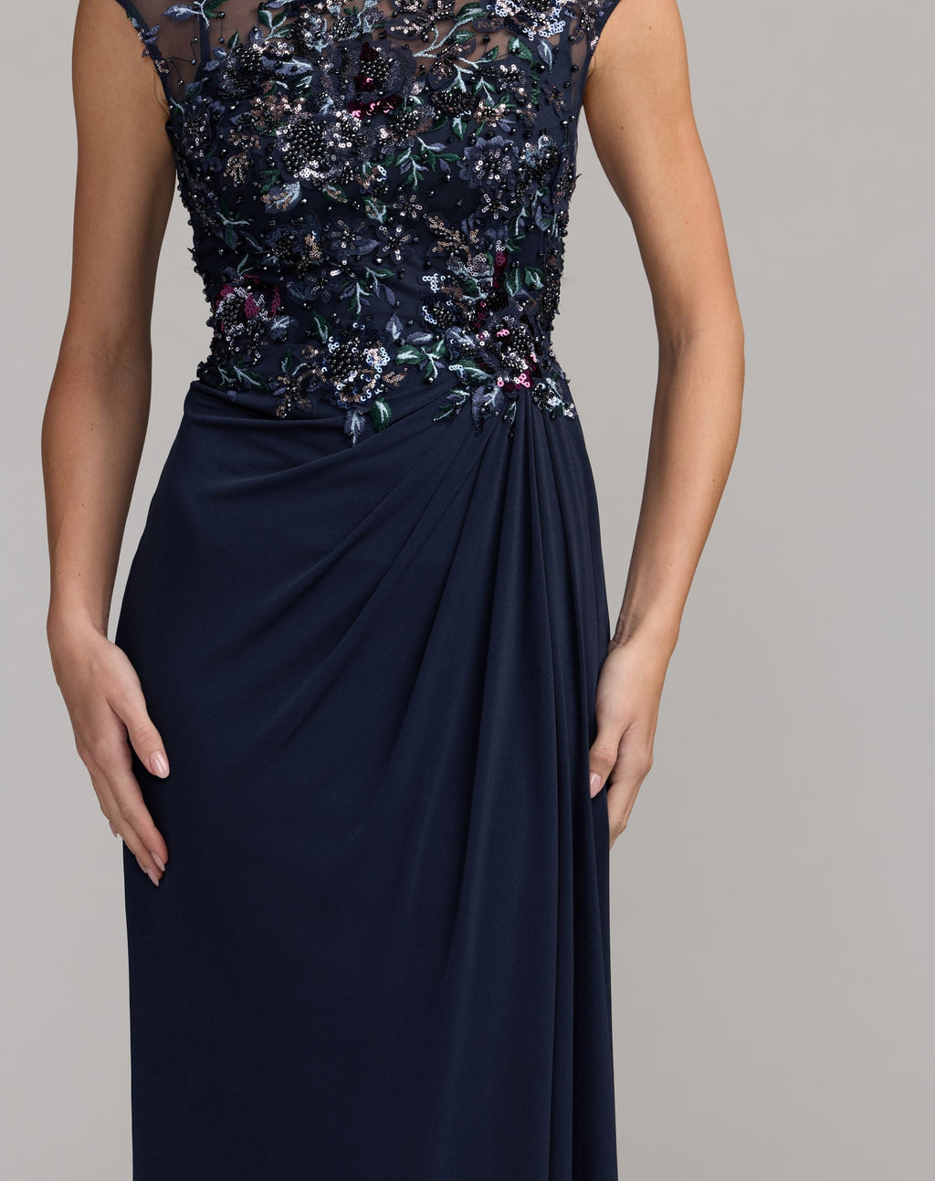 Navy Embroidered Cap Sleeve Jersey Gown - Designer Collection