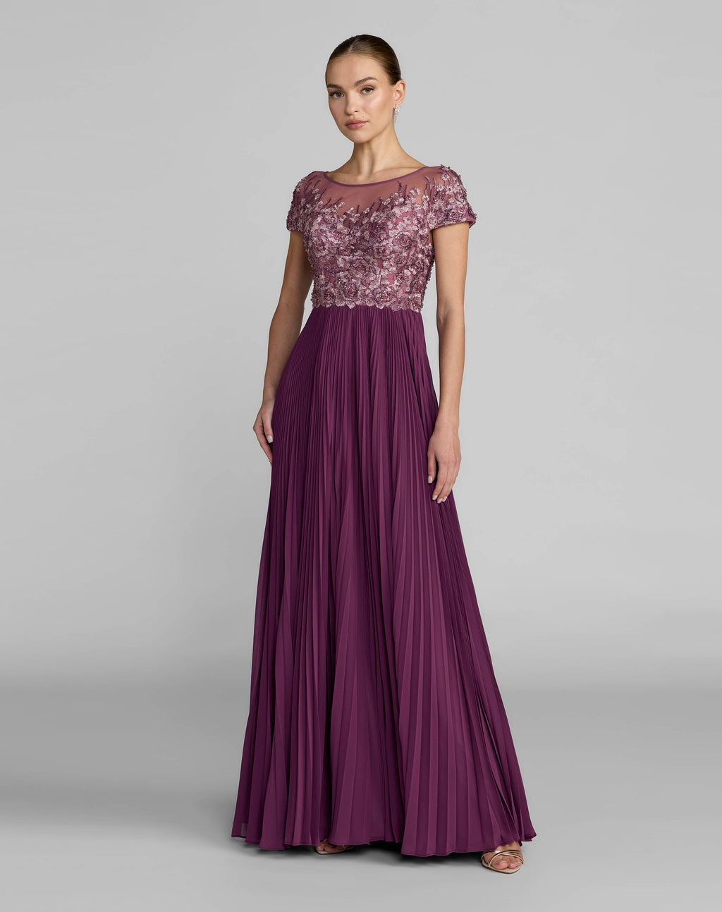 Purple Embroidered Cap Sleeve Pleated Gown Designer Collection