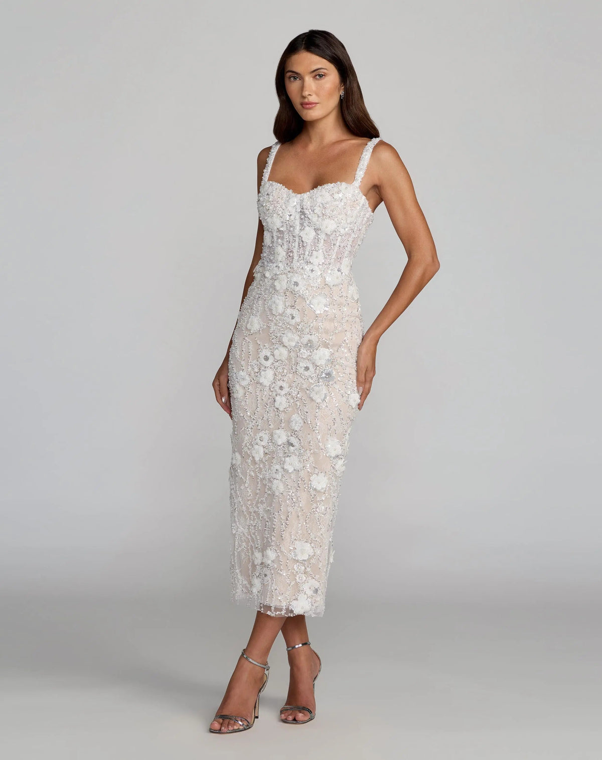 Ivory Embellished Lace Sleeveless Midi Dress - Designer Collection