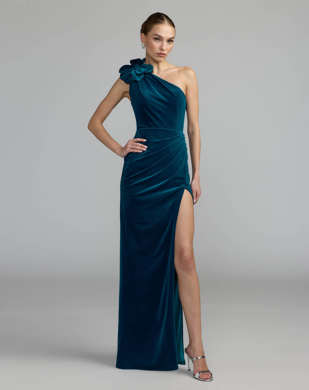 Blue One Shoulder Velvet Gown With 3D Flower - Contemporary Collection