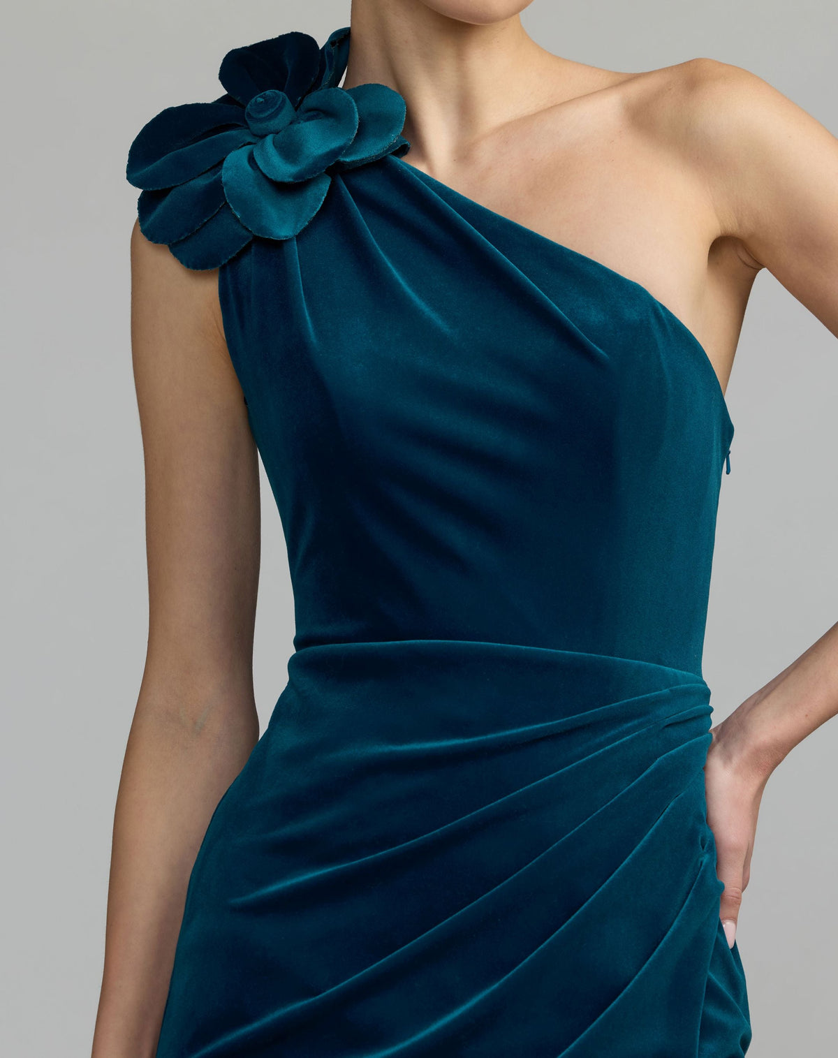Blue One Shoulder Velvet Gown With 3D Flower - Contemporary Collection