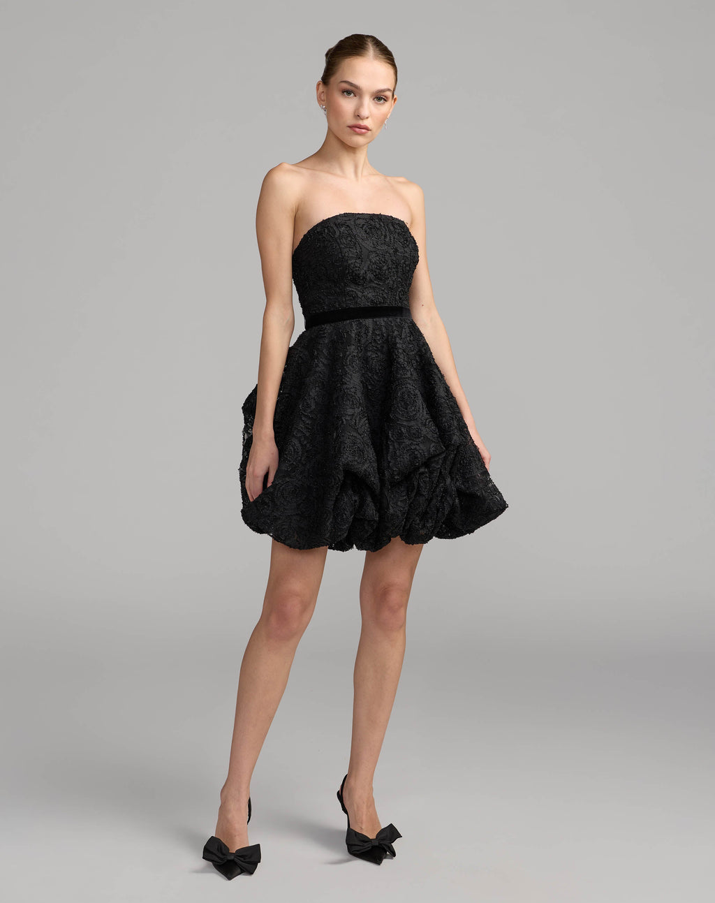 Black Strapless Bubble Hem Mini Dress Designer Collection