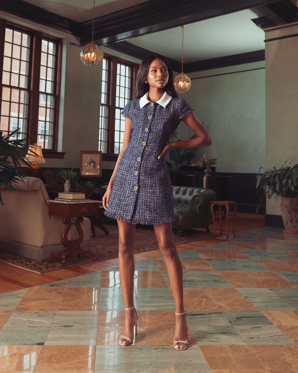 Navy Sequin Boucle Collared Mini Dress - Contemporary Collection