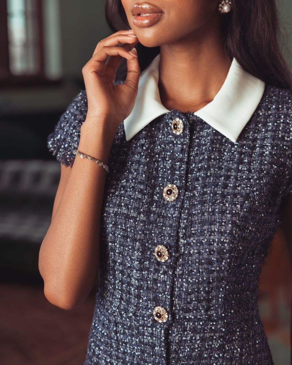 Navy Sequin Boucle Collared Mini Dress - Contemporary Collection