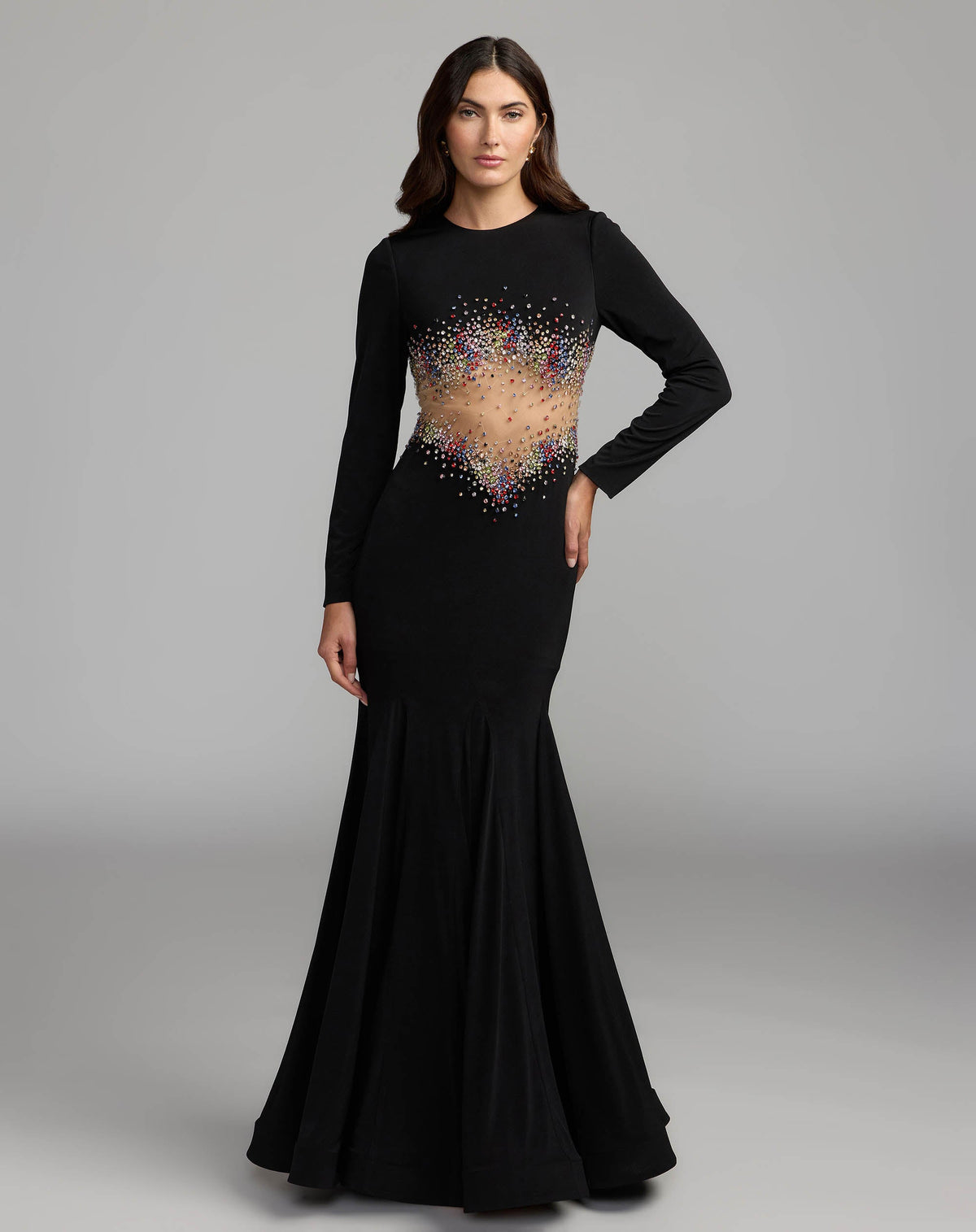 Black Crystal Embellished Illusion Jersey Gown Contemporary Collection