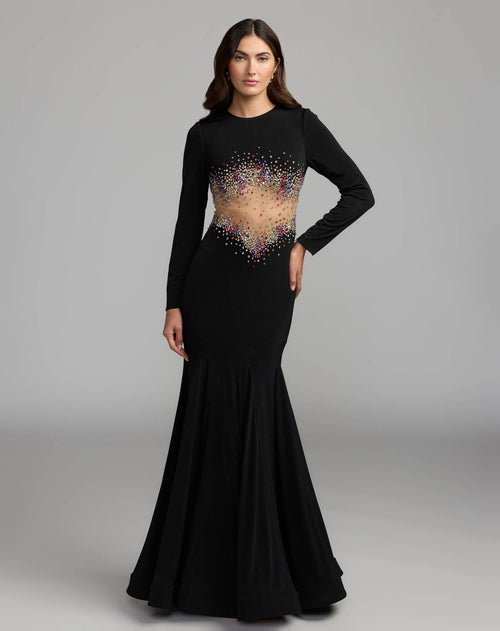 Black Crystal Embellished Illusion Jersey Gown Contemporary Collection
