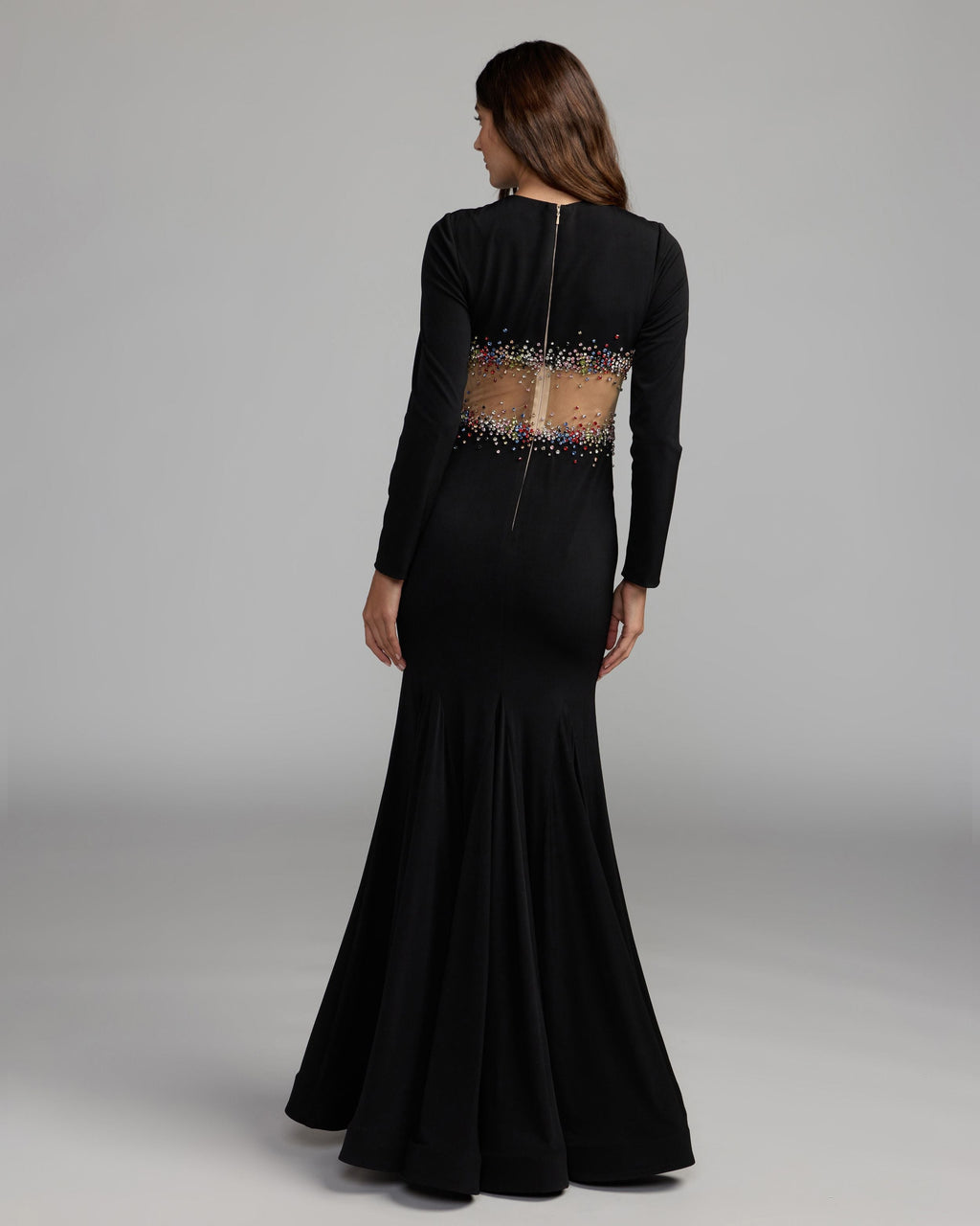 Black Crystal Embellished Illusion Jersey Gown Contemporary Collection