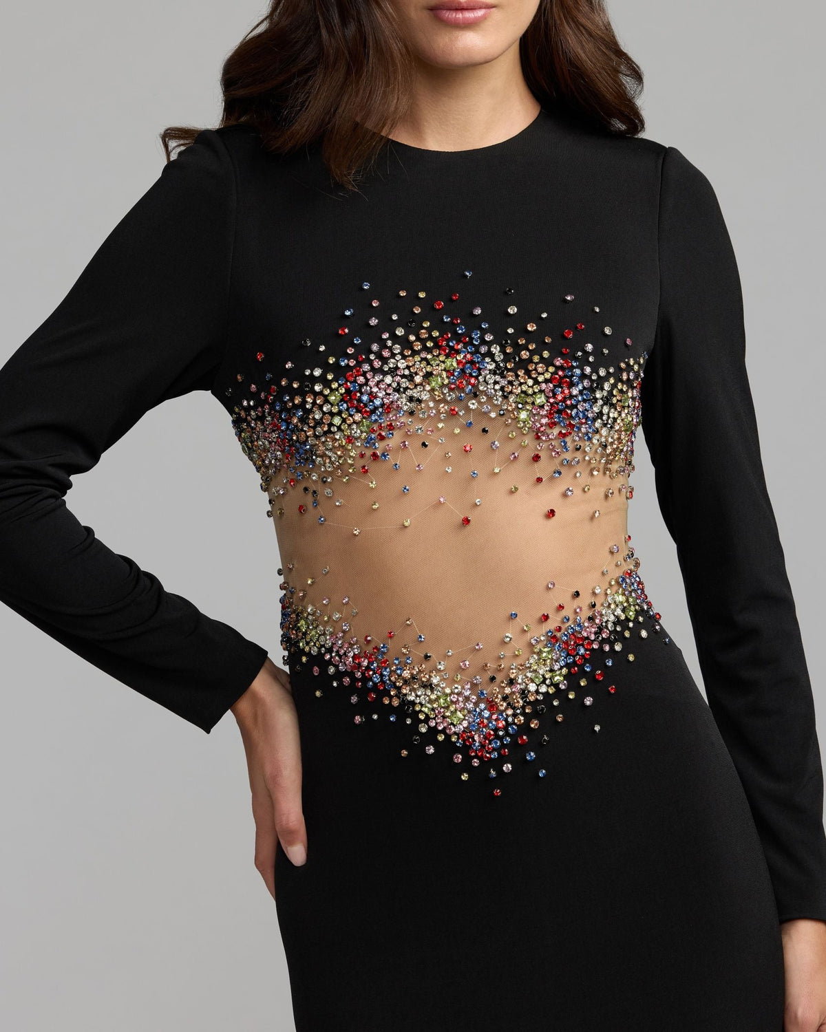Black Crystal Embellished Illusion Jersey Gown Contemporary Collection