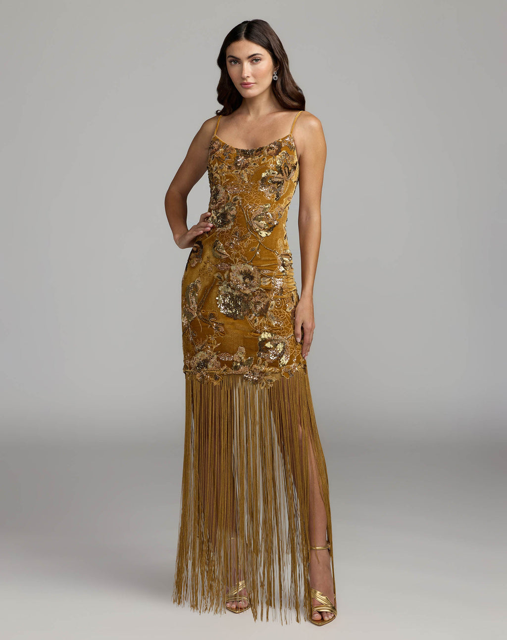 Gold Embellished Fringe Hem Velvet Mini Dress - Designer Collection