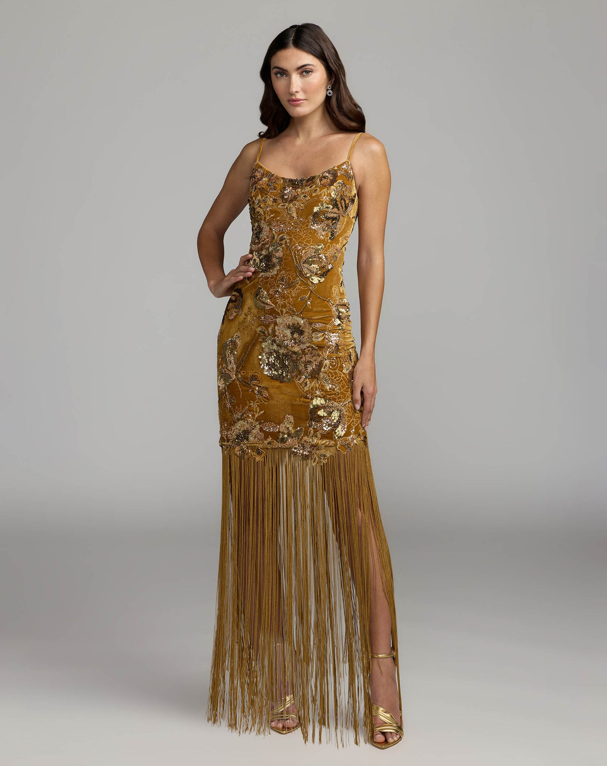 Gold Embellished Fringe Hem Velvet Mini Dress - Designer Collection