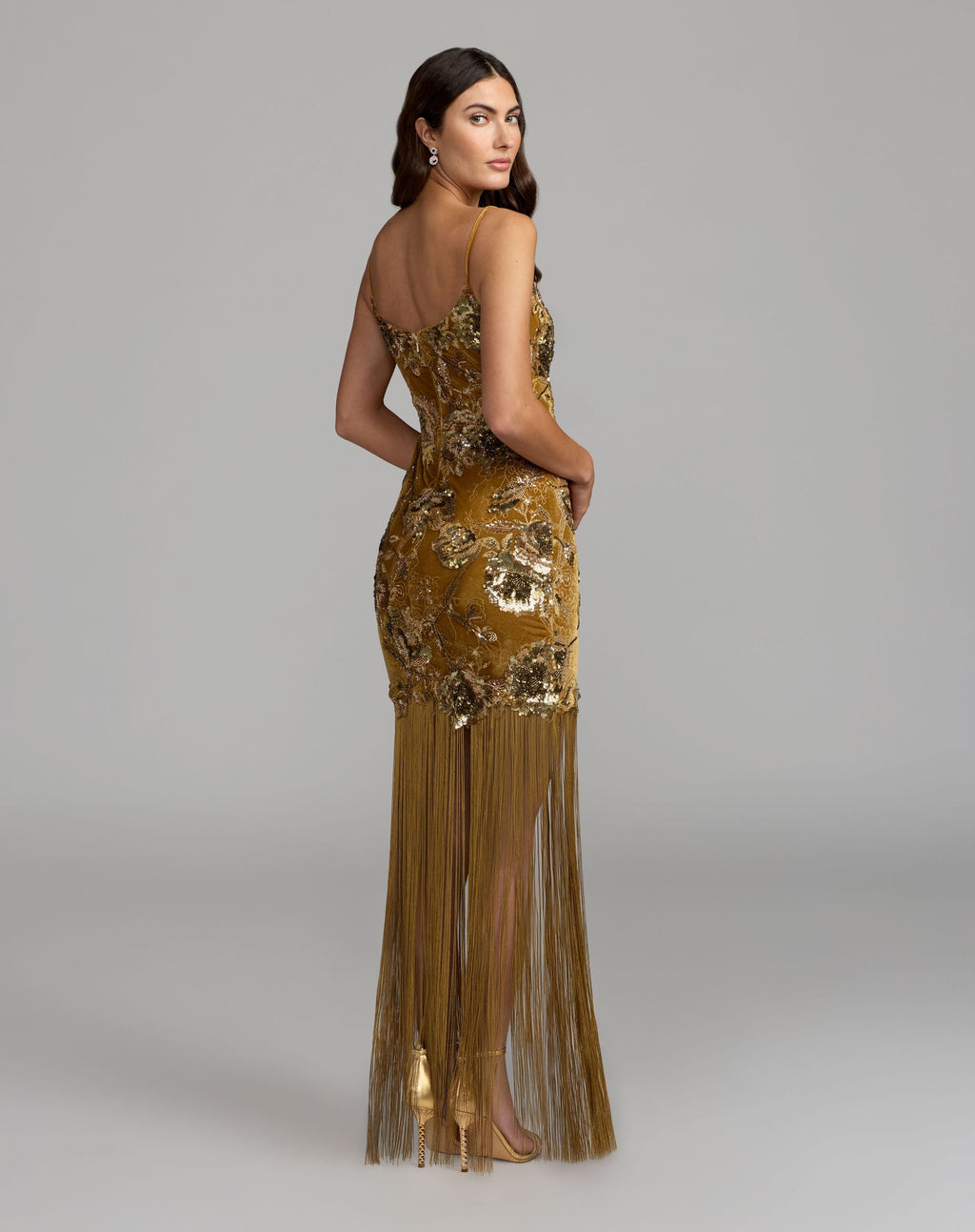 Gold Embellished Fringe Hem Velvet Mini Dress - Designer Collection