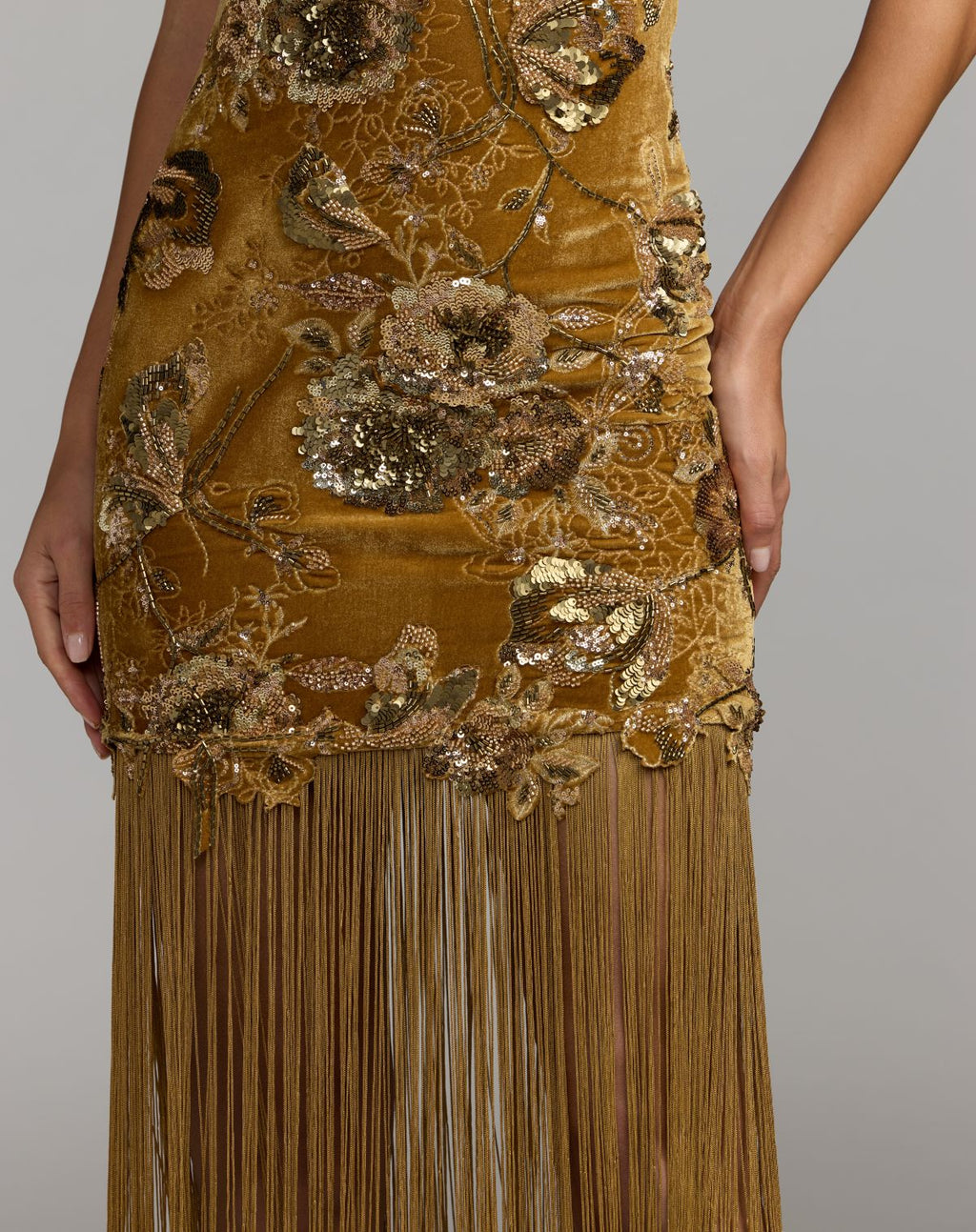 Gold Embellished Fringe Hem Velvet Mini Dress - Designer Collection