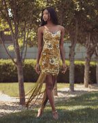 Gold Embellished Fringe Hem Velvet Mini Dress - Designer Collection