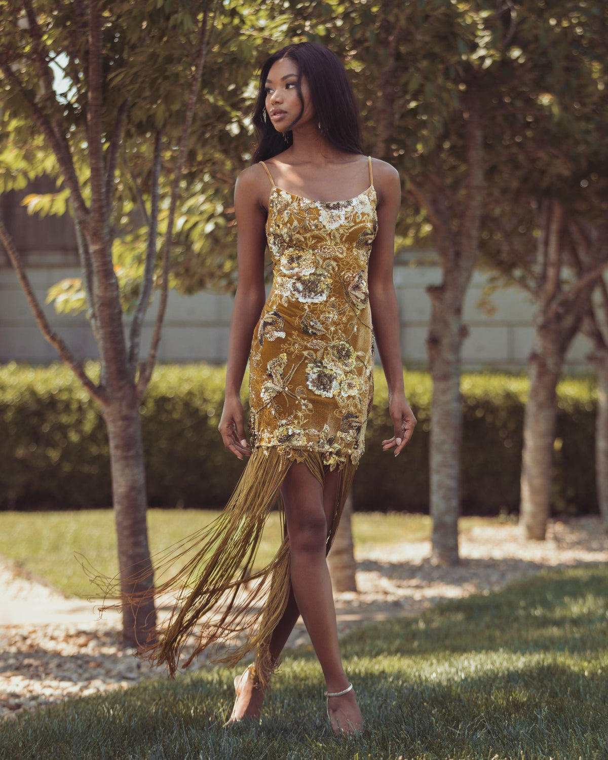 Gold Embellished Fringe Hem Velvet Mini Dress - Designer Collection
