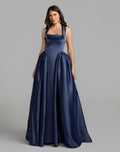 Blue Sleeveless Open Back Satin Ball Gown - Designer Collection