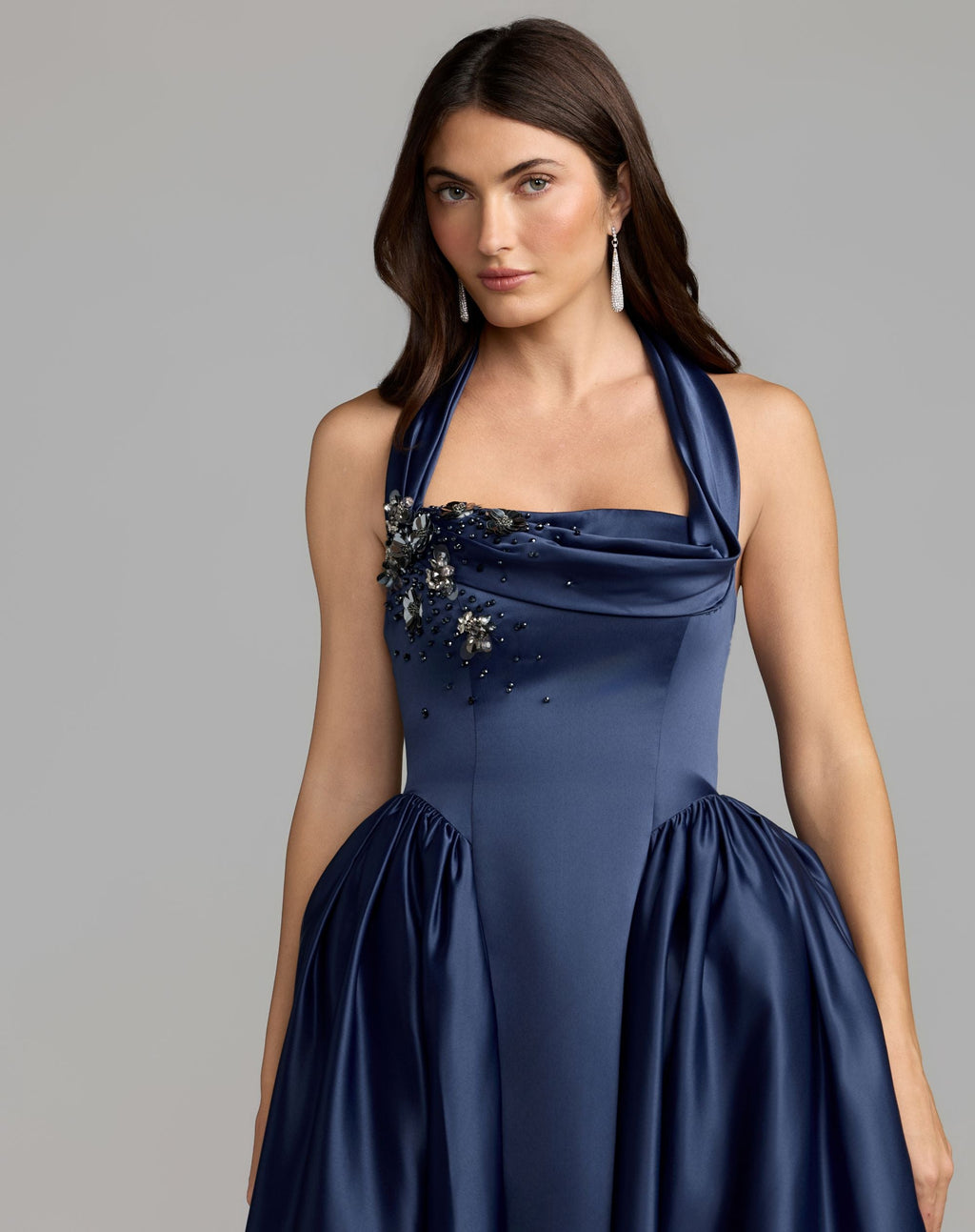 Blue Sleeveless Open Back Satin Ball Gown - Designer Collection